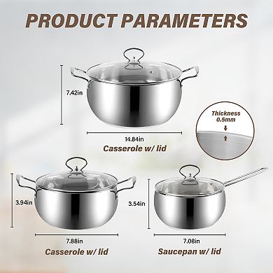 6-piece Stainless Steel Cookware Set With G-type Glass Lids
