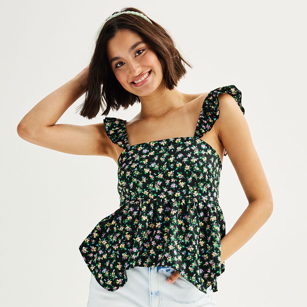 Juniors' Love, Fire Flowy Satin Ruffly Squareneck Tank Top
