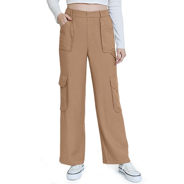 Juniors' Rewash Silky Twill Wide Leg High Rise Carpenter Pants