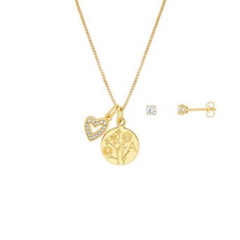 Brilliance Flash Plated Cubic Zirconia Stud Earrings and Initial Pendant Necklace Set