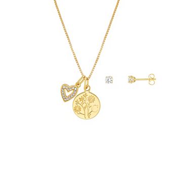 Brilliance Flash Plated Cubic Zirconia Stud Earrings and Initial Pendant Necklace Set