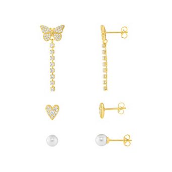 Brilliance 18k Gold Flash Plated Simulated White Glass Pearl Cubic Zirconia Stud and Drop Earrings Set