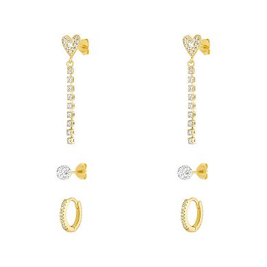 Brilliance 18k Gold Flash Plated Cubic Zirconia Earrings 3-Piece Set