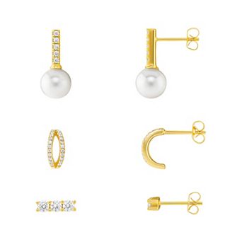 Brilliance 18k Gold Flash Plated Simulated White Glass Pearl Cubic Zirconia Earrings 3 pc Set