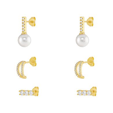 Brilliance 18k Gold Flash Plated Simulated White Glass Pearl Cubic Zirconia Earrings 3-Piece Set