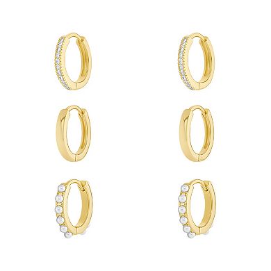 Brilliance 18k Gold Flash Plated Simulated White Glass Pearls Cubic Zirconia Hoop Earrings 3-Piece Set