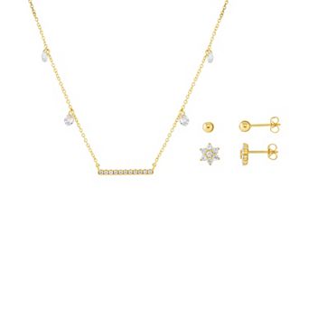 Brilliance 18k Gold Flash Plated Cubic Zirconia Stud Earrings and Bar Necklace 3 pc Set