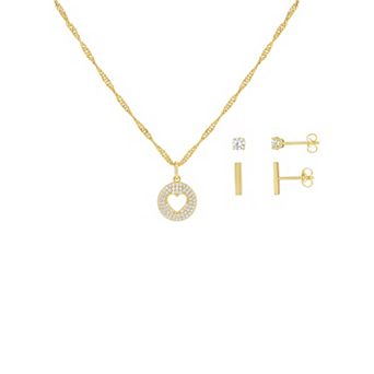 Brilliance 18k Gold Flash Plated Cubic Zirconia Stud Earrings and Pendant Necklace 3 pc Set