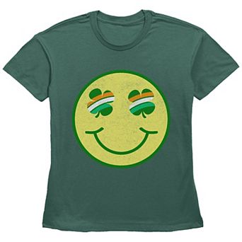 Women's Shamrock Eyes Smiley Face Graphic Tee