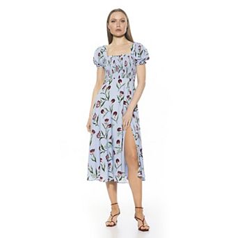 Women's ALEXIA ADMOR Iris Smocked Puff Sleeve Midi Dress With Front Slit