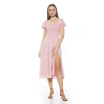 Women's ALEXIA ADMOR Iris Smocked Puff Sleeve Midi Dress With Front Slit