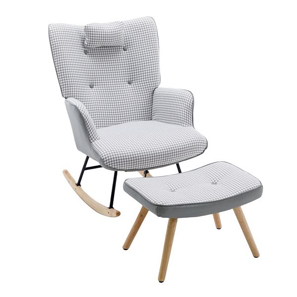 35.5" Houndstooth Fabric Rocking Chair & Ottoman Set With Solid Wood Base