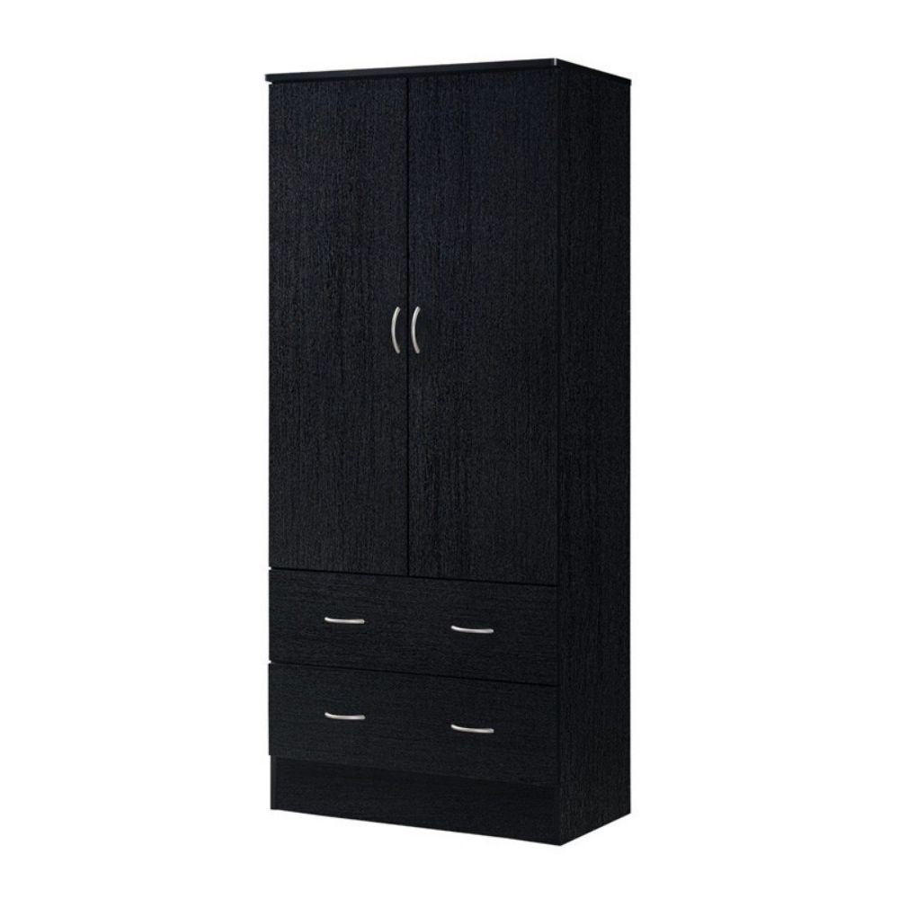 Black 2 Door Wardrobe Armoire With 2 Drawers And Hanging Rod Storage