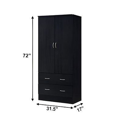 Black Wardrobe Armoire with 2 Doors, Hanging Rod, and 2 Drawers Bedroom Closet Storage 72 inches