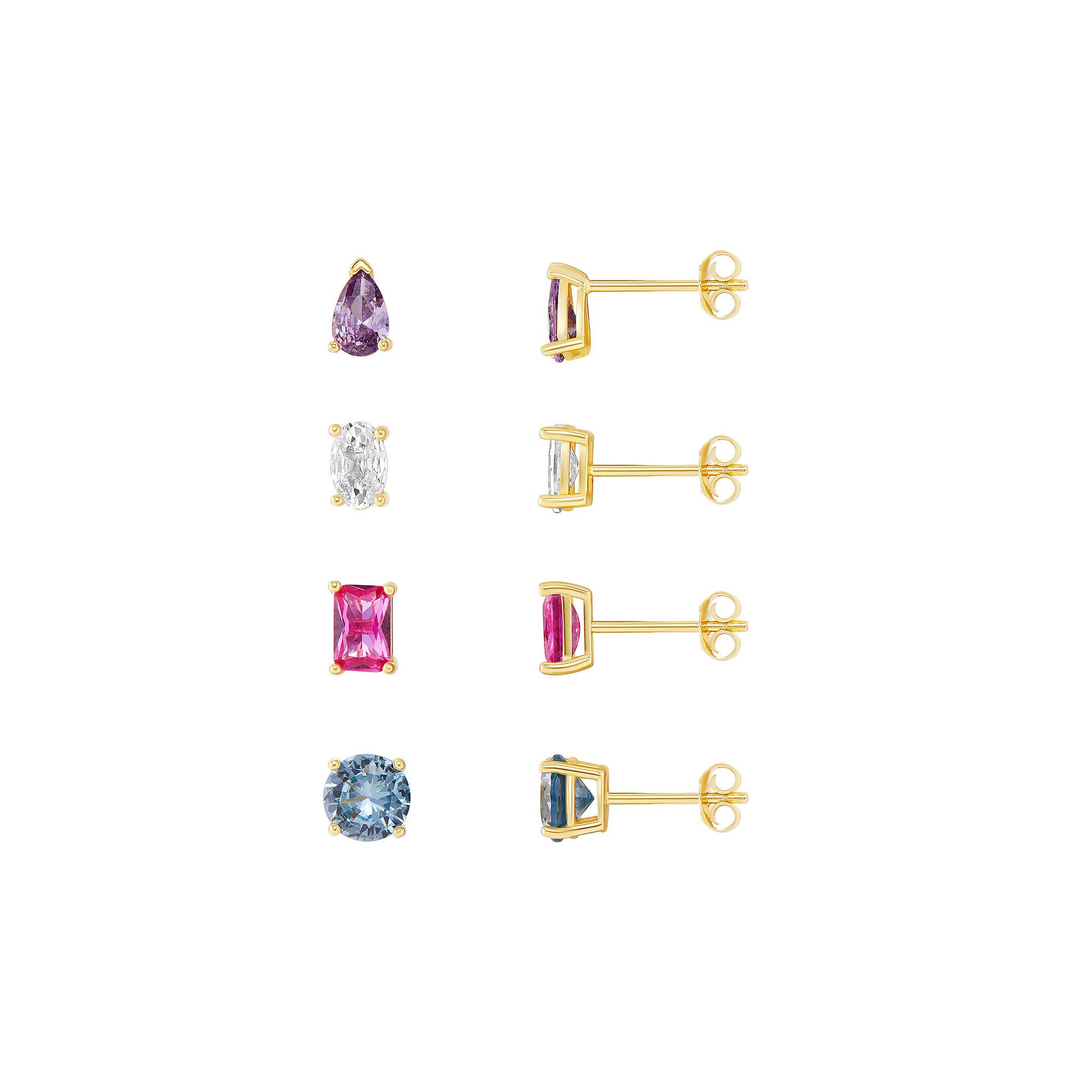 PRIMROSE 18k Gold Plated Cubic Zirconia 4-Piece Stud Earring Set, Womens, 