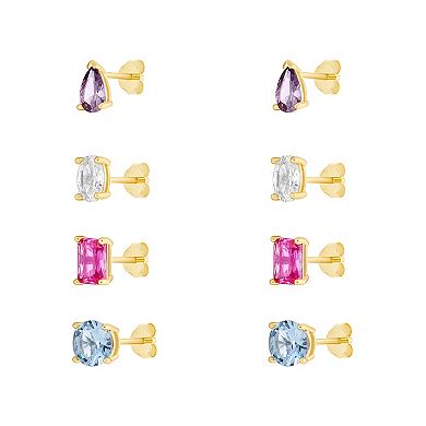 PRIMROSE 18k Gold Plated Cubic Zirconia 4-Piece Stud Earring Set