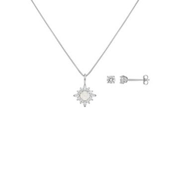 PRIMROSE Sterling Silver Cubic Zirconia & Opal Cluster Pendant Necklace & Stud Earring Set