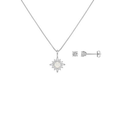 Cubic Zirconia Fashion Necklace and Stud Earring Set Silver Tone