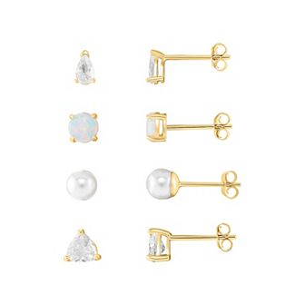 PRIMROSE 18k Gold Plated Cubic Zirconia, Opal & Simulated Pearl 4 pc Stud Earring Set