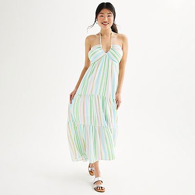 emerald green dresses short Angle Check Green Diagonal Stripe Halter Midi Dress Green / Large