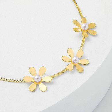 Emberly Triple Polished Flower White Pearl Adjustable Bracelet