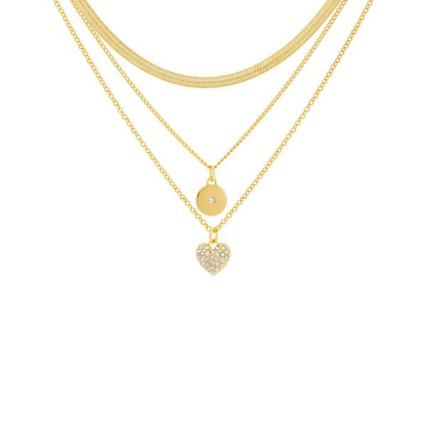 Emberly Gold Tone Pave Cubic Zirconia Chain, Disc and Heart Pendant ...