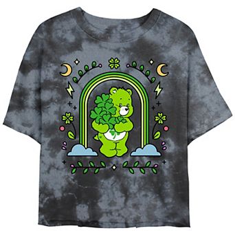 Juniors' Care Bears Green Rainbow Crop Top Bombard Wash Graphic Tee