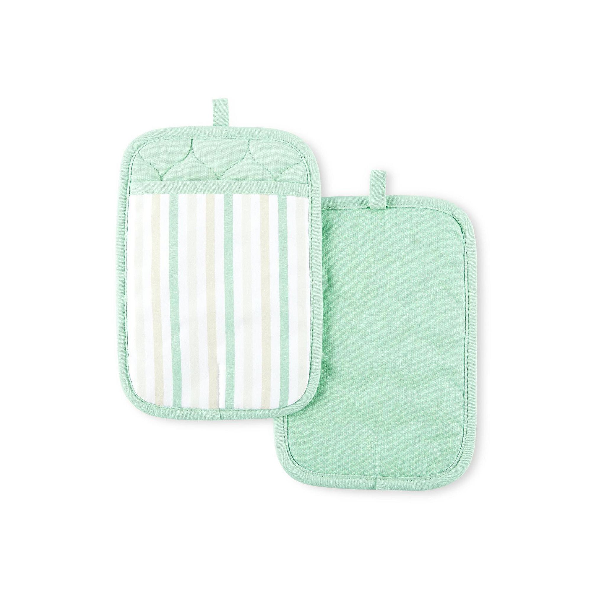 Martha Stewart Daisy Stripe 2-Pack Pot Holder Set, Green