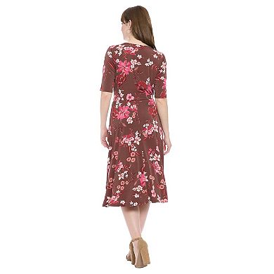 Women's London Times Elbow Sleeve Side Tie Fit & Flare Midi