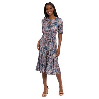 Women's London Times Elbow Sleeve Side Tie Fit & Flare Midi