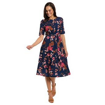 Women's London Times Elbow Sleeve Side Tie Fit & Flare Midi