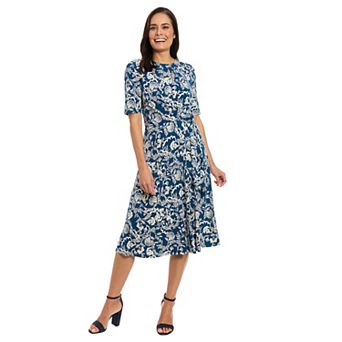 Women's London Times Elbow Sleeve Side Tie Fit & Flare Midi