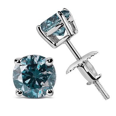 Haus of Brilliance 14k White Gold 3 Carat T.W. Lab-Grown Blue Diamond Solitaire Stud Earrings