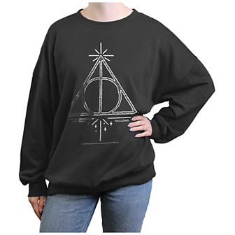 Juniors' Harry Potter Deathly Hallows Polka Dot Symbol Oversized Graphic Pullover