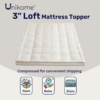 Unikome 3" Loft Organic Cotton Hotel Collection White Goose Feather Bed Mattress Topper