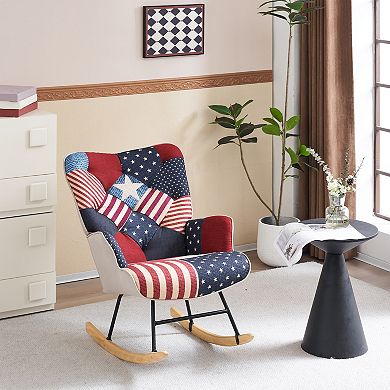 Unikome Faux Linen Upholstered Rocking Chair, Comfy Wingback Rocker with Safe Solid Wood Base