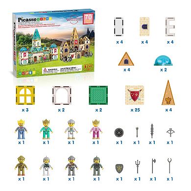 PicassoTiles 70 PC Medieval Castle Themed, Magnetic Tiles, Magnetic Building Blocks Kids 3+