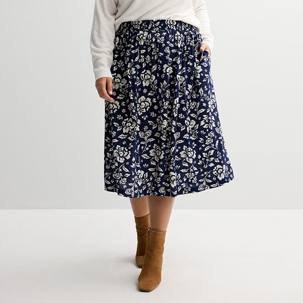 Plus Size Croft & Barrow® Polished Front Pull-On Skirt - Navy Blooms (3X)