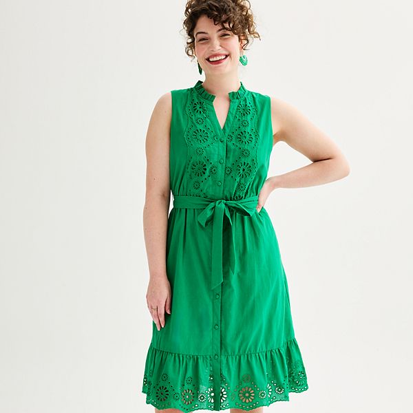 Women's Draper James Eyelet Lace Trimmed Sleeveless Belted Dress