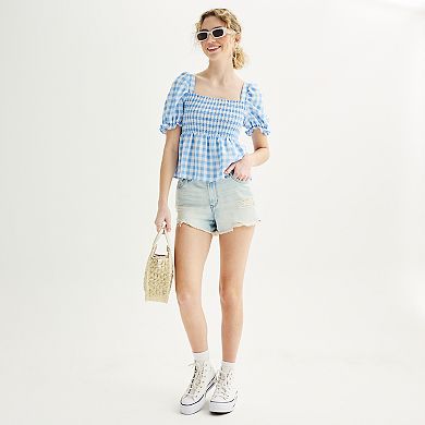 Juniors' Dizzy Lizzy Smocked Short Sleeve Top