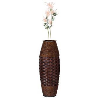 Antique Cylinder Style Floor Vase for Entryway or Living Room, Bamboo Rope