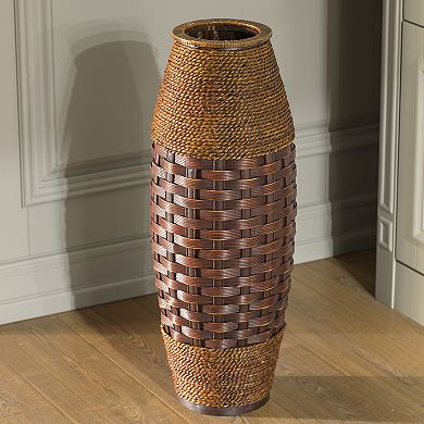 Antique Cylinder Style Floor Vase for Entryway or Living Room, Bamboo Rope