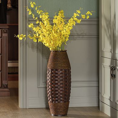 Antique Cylinder Style Floor Vase for Entryway or Living Room, Bamboo Rope