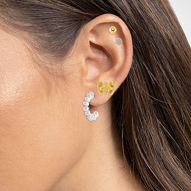 Emberly Gold Tone Crystal & Simulated Pearl Round Stud Earrings, Butterfly Stud Earrings, & C-Hoop Earrings 4-pack Set