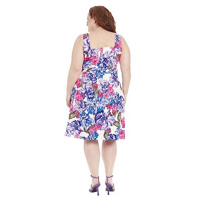 Plus Size London Times Rose Print Square Neck Dress