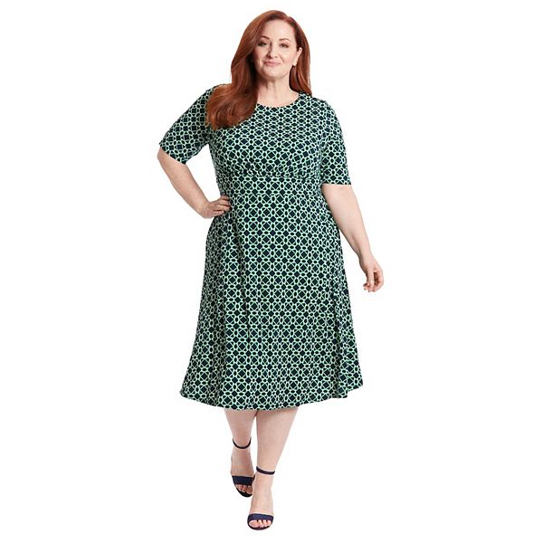 Plus Size London Times Geo Print Elbow Sleeve Inset Waist Midi Dress