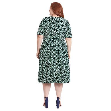 Plus Size London Times Geo Print Elbow Sleeve Inset Waist Midi Dress