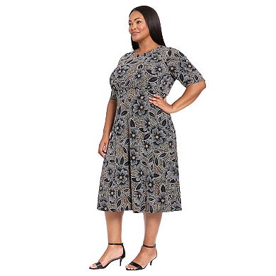 Plus Size London Times Floral Print Elbow Sleeve Inset Waist Midi Dress