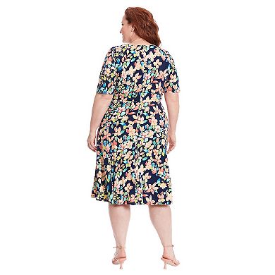 Plus Size London Times Floral Print Elbow Sleeve Inset Waist Midi Dress