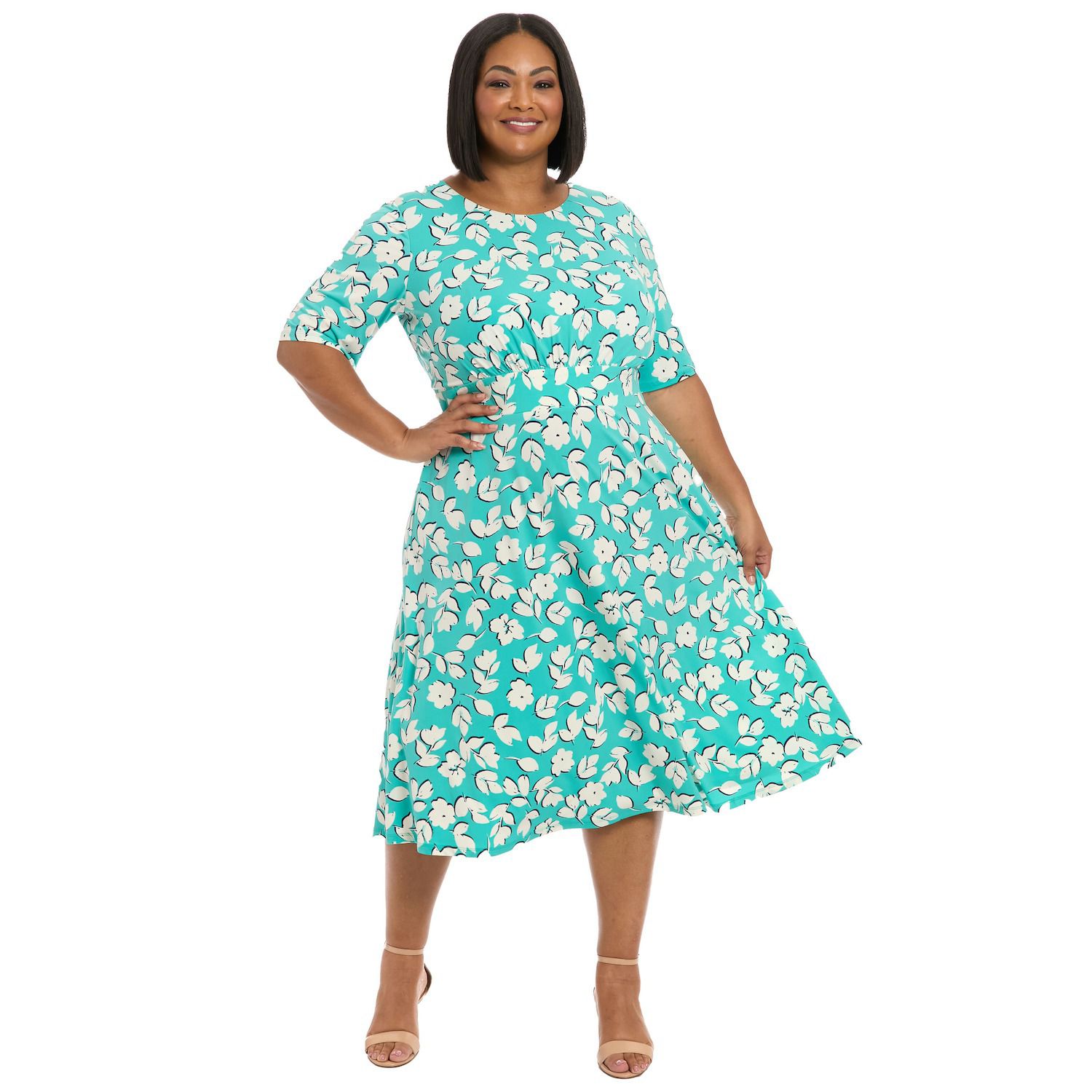 Женские платья Plus Size London Times Floral Print Elbow Sleeve Inset Waist Midi, цвет: Аквамариновая слоновая кость — фото 1